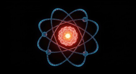 Digital representation of an atom with energy particles on a dark background