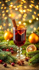 Cozy christmas mulled wine with cinnamon stick and orange slice garnished with cranberries and fir branches on a festive bokeh background