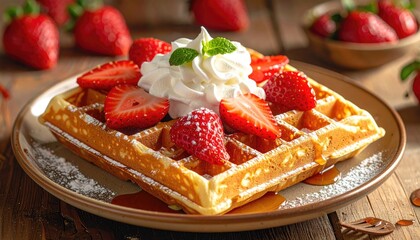 Golden brown Belgian waffle topped with fresh strawberries whipped cream and powdered sugar served on a rustic plate with syrup in a close up studio shot