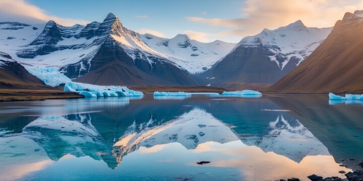 Majestic Iceberg Reflections in Crystal Clear Waters of Serene Glacial Lake Surrounded by Towering Snow-Capped Mountains