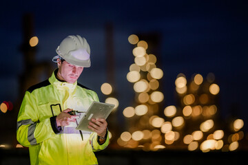 A diverse team of engineers, a man and a woman, in hard hats and safety vests. They are...