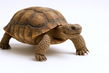 Fototapeta premium Land Tortoise Walking with Determination Across a Plain White Background in Studio Shot