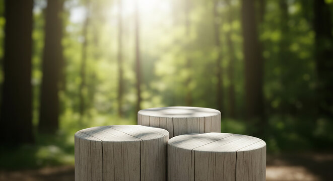 Wooden log podiums in a sunlit forest, a natural and serene setting perfect for displaying eco-friendly and organic products in harmony with nature