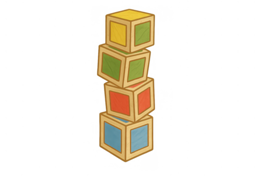 Stacking colorful wooden blocks, playing and learning with educational children's toy cubes, transparent background