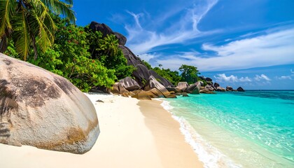 Tropical beach scene with large rocks and turquoise water