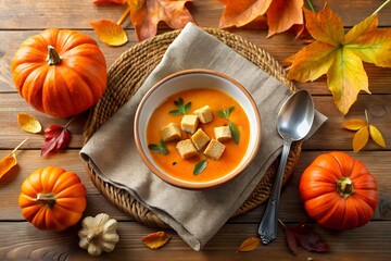 Cozy autumn harvest pumpkin soup served in a bowl surrounded by miniature pumpkins and fall leaves on a rustic wooden table
