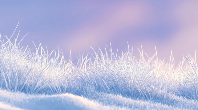 Frost-covered grass in a serene winter landscape with soft lavender and blue bokeh. Delicate ice crystals and tranquil tones are ideal for seasonal ads, nature blogs, and minimalist design.