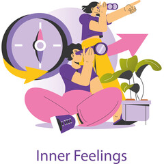 Two abstract people using binoculars and compass with pink arrow symbolizing goal achievement and future planning with purple and pink tones on transparent background