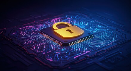 Digital security concept golden padlock symbol on computer chip