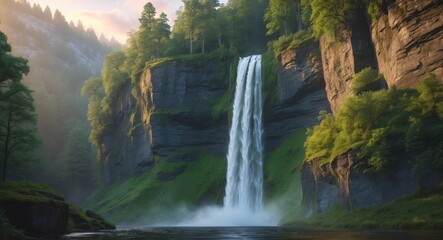 Majestic Waterfall Cascading Through Lush Greenery in a Serene Natural Landscape at Sunrise