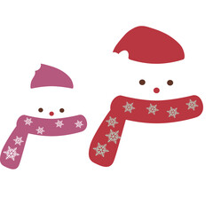 Two Adorable Snowman Heads Wearing Red Hats and Scarves with Snowflake Patterns on a Transparent Background