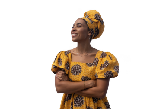 Woman in yellow african print dress isolated on transparent background