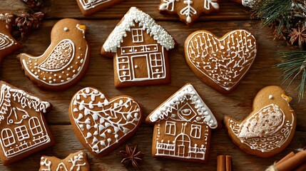 A festive display of gingerbread cookies shaped as houses hearts and birds on a wooden surface