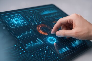 Hand Interacting with Futuristic Digital Interface on Tablet Display for Data Analysis and Management