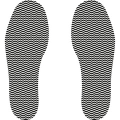 Two Black Shoe Soles with Zigzag Pattern on White Background Showing Tread Design and Outline of Footprint