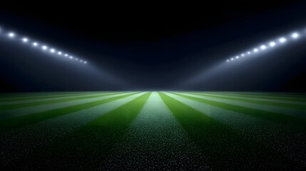 A dramatic wide shot of a pristine green football pitch under stadium floodlights at night with a dark sky and empty stadium