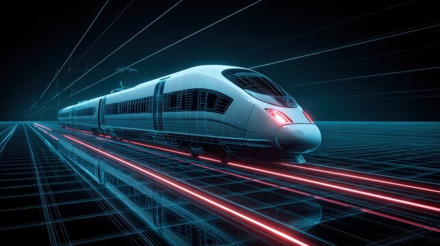 Futuristic High-Speed Train Concept with Glowing Rails and Network Visualization, Representing Innovation and Modern Transportation