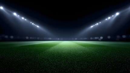 A professional football stadium at night illuminated by bright floodlights over a pristine green pitch