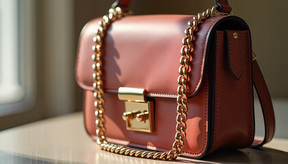 Brown leather handbag with gold chain on table