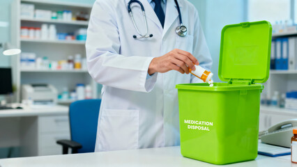 Focused doctor in pharmacy manages medical waste through sustainable medication disposal for cleaner environment