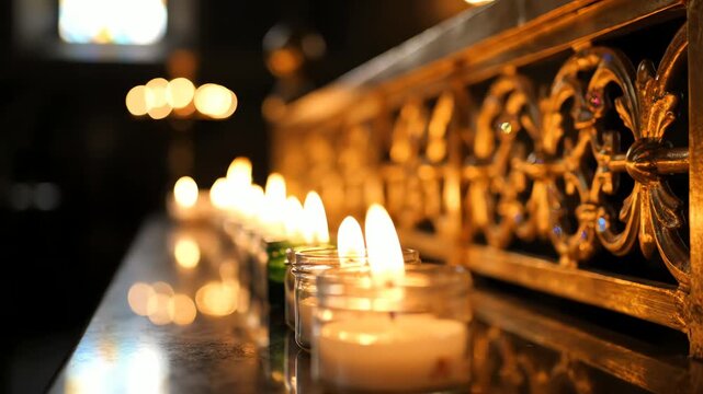 A long line of lit candles glows with soft light in a Christmas candlelight scene, arranged along an ornate, gilded ledge in a church with shallow depth of field and a warm, peaceful mood.