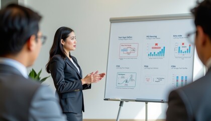 asia office workflo visual concept. Businesswoman presenting data to colleagues in a corporate setting.