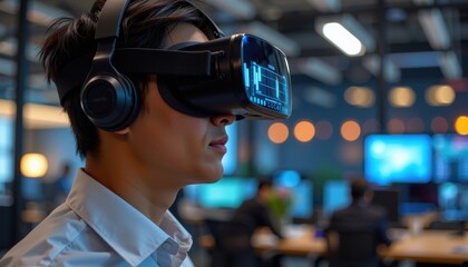 asia office workflo visual concept. Person using virtual reality headset in a modern office setting.