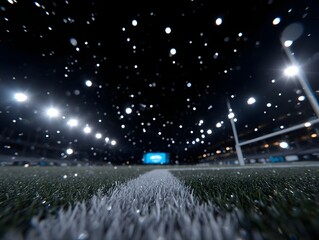 Low angle view of a sports stadium at night illuminated by bright lights and filled with glowing particles