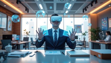 asia office workflo visual concept. Innovative businessman using VR technology in a modern office.