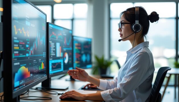 asia office workflo visual concept. Professional woman analyzing data on multiple computer screens.