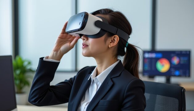 asia office workflo visual concept. Businesswoman using virtual reality headset in modern office setting.