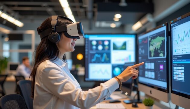 asia office workflo visual concept. Professional using VR technology in a modern office environment.