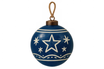 Blue christmas ornament bauble with white star and snowflake patterns, hanging from a loop on a transparent background