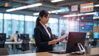 Fototapeta premium asia office workflo visual concept. Professional woman analyzing data in a modern office environment.