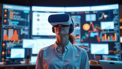 asia office workflo visual concept. Woman using VR headset in a tech-savvy environment with data displays.