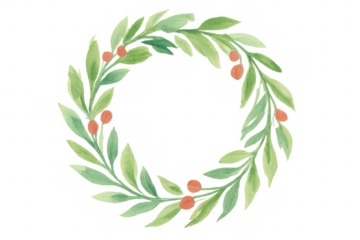 Watercolor hand-painted wreath with green leaves and red berries, creating a natural botanical border on transparent background