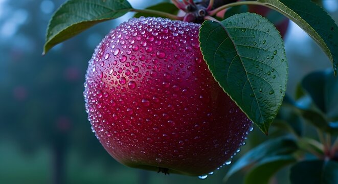 Vibrant red apple glistening with fresh morning dew drops on a branch in an orchard, symbolizing natural freshness, crispness, and healthy eating - Powered by Adobe