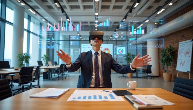 asia office workflo visual concept. Businessman using virtual reality technology in a modern office setting.