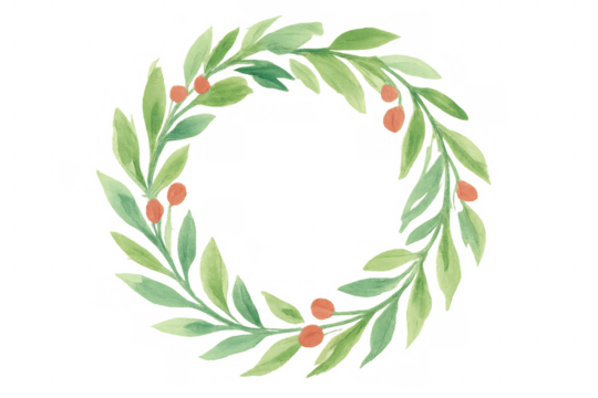 Watercolor hand-painted wreath with green leaves and red berries, creating a natural botanical border on transparent background