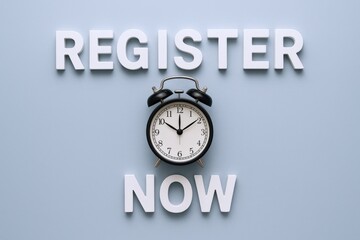 Register Now Reminder: Clock with Text on Blue Background, Deadline Approaching, Limited Time Offer