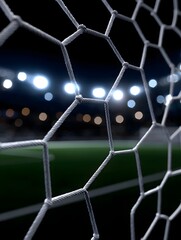 Close up view of a soccer goal net with blurred stadium lights and field at night