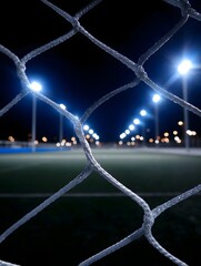 Close up of a sports goal net with a brightly lit stadium field at night in the background