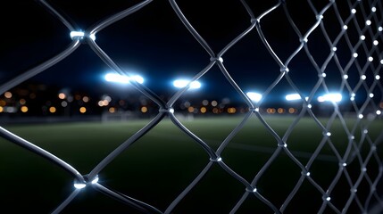 Chain link fence with blurred stadium lights and sports field at night