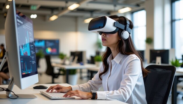 asia office workflo visual concept. Professional woman using virtual reality in a modern office setting.