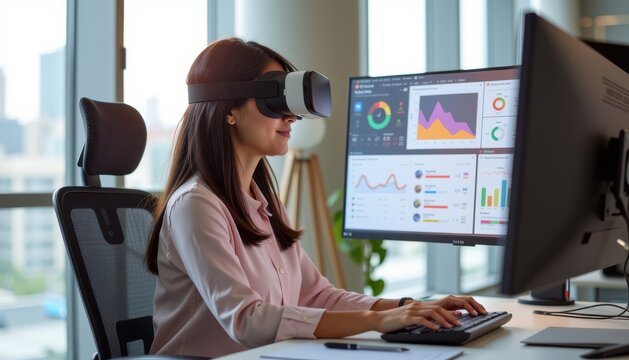 asia office workflo visual concept. Professional using virtual reality for data analysis in a modern office.