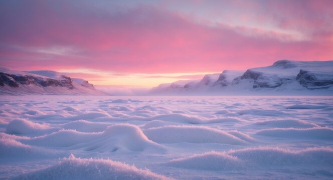 Serene Frozen Landscape at Dusk with Soft Pink and Purple Sky Over Snow-Covered Terrain and Icy Mountains in the Distance - Powered by Adobe