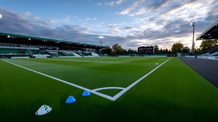 Empty football stadium at dusk with training cones on the green pitch under dramatic skies