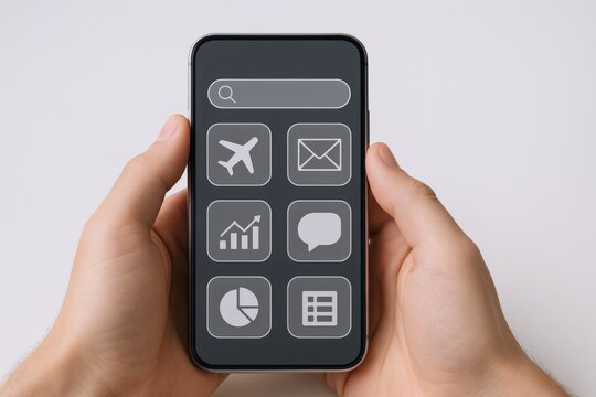 Hands holding smartphone with app icons displayed on screen, showcasing mobile technology and user interface