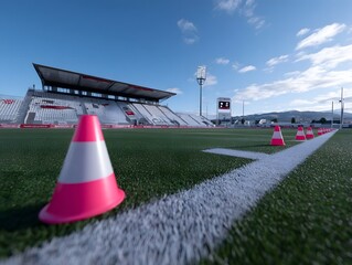 Orange and white sports cones are lined up on a green turf field in front of an empty stadium under a clear blue sky