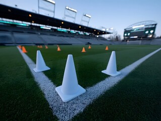 Training cones are set up on a green soccer field in an empty stadium during twilight emphasizing prepa n and practice